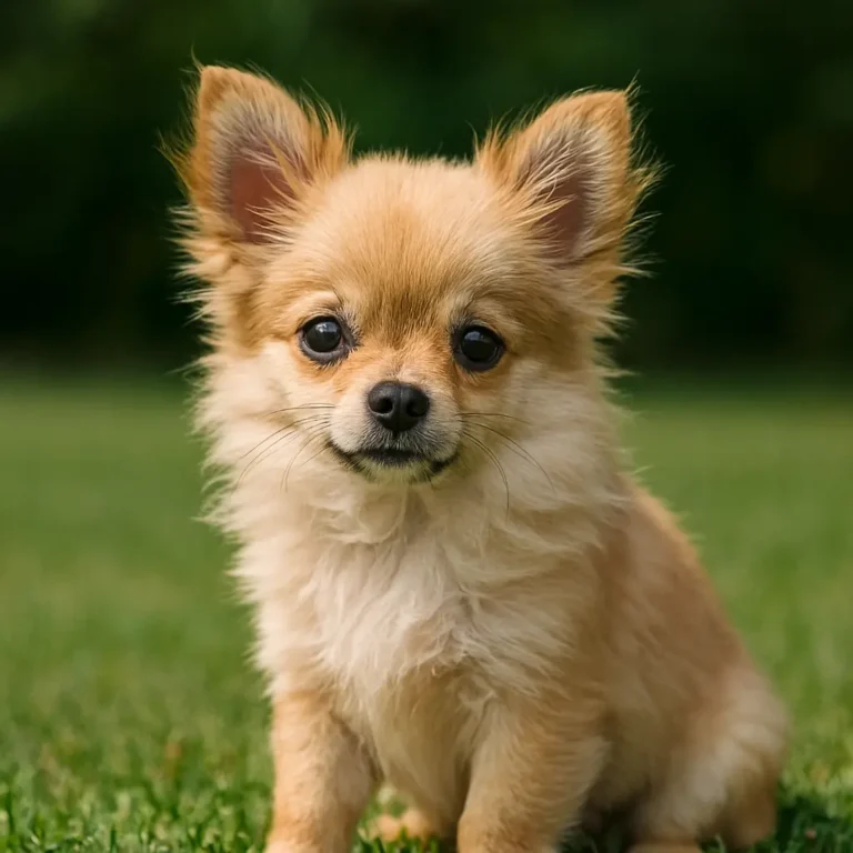 chihuahua mix pomeranian puppy sitting on lawn grass