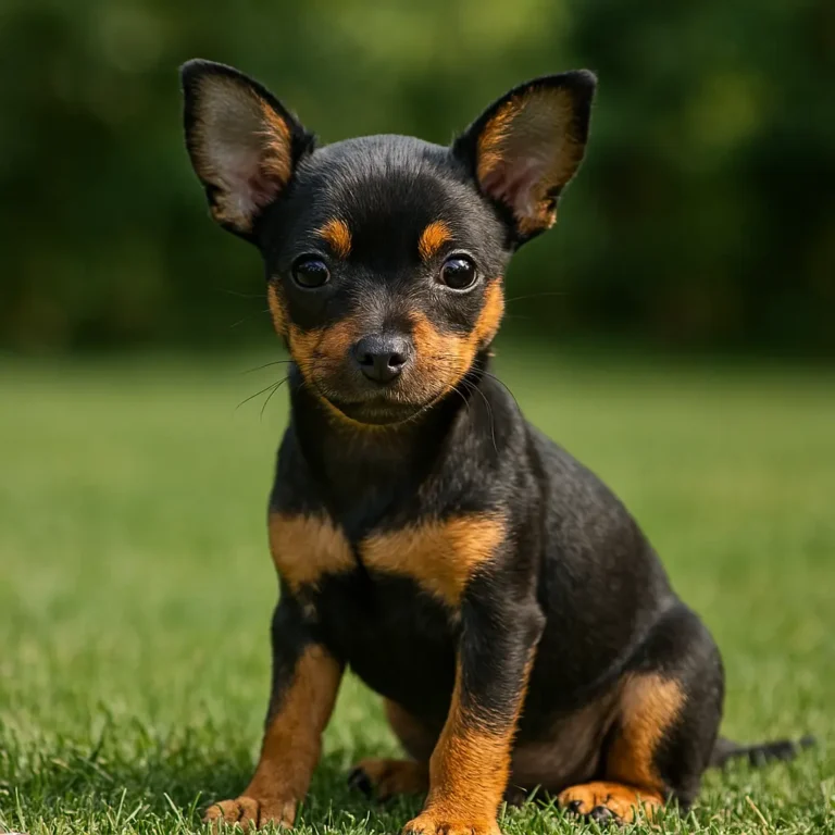 miniature doberman chihuahua mix puppy sitting on lawn grass