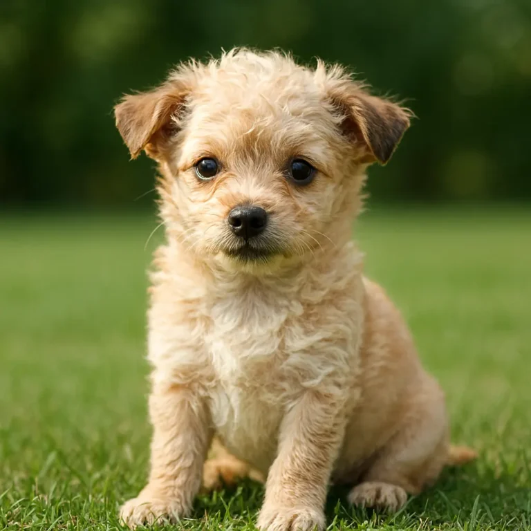 miniature poodle chihuahua mix puppy sitting on grass lawn