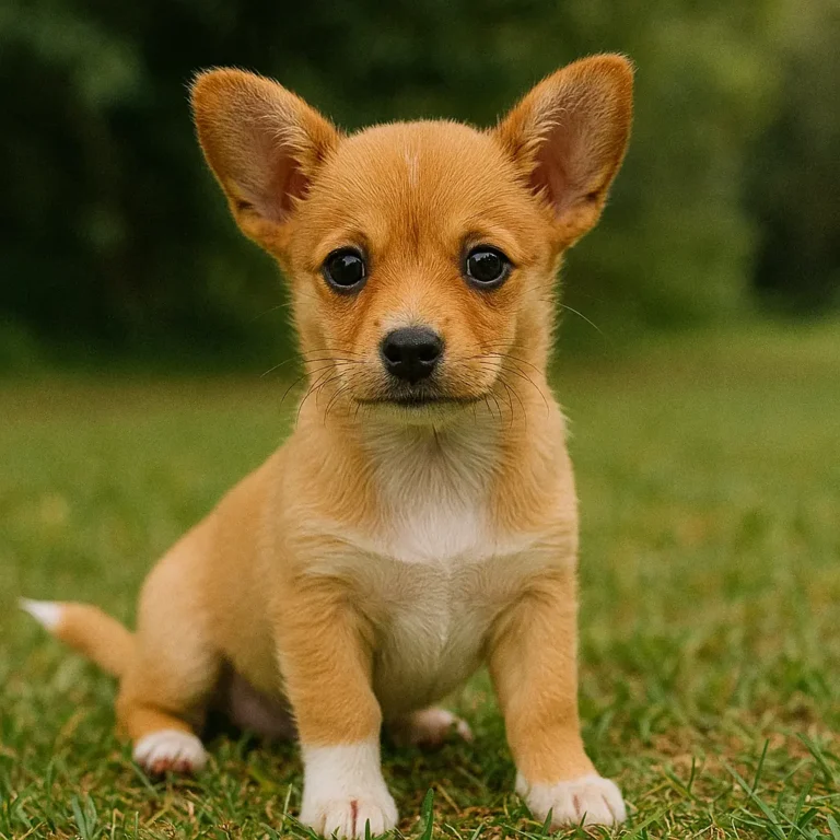 chiweenie corgi chihuahua mix sitting on lawn grass