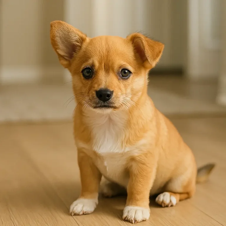 chihuahua mix corgi mix puppy sitting on wooden floor