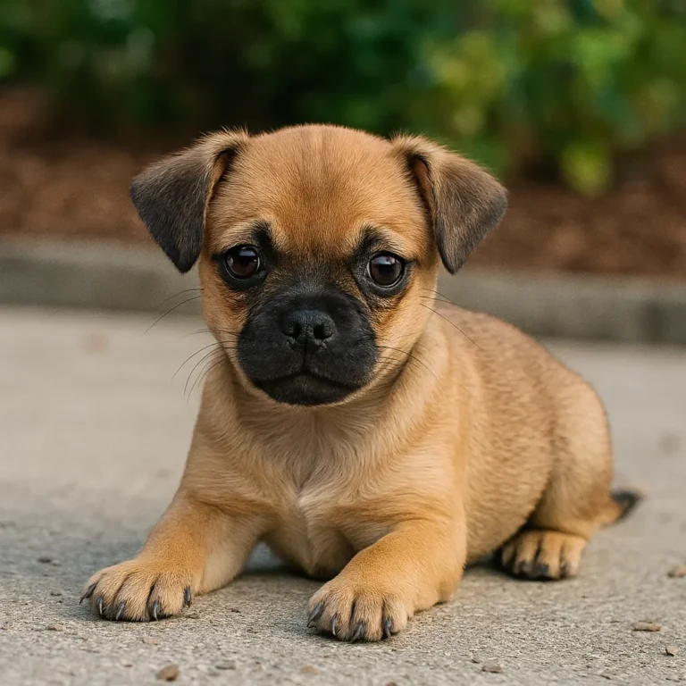 chihuahua pug mix puppy sitting on ground