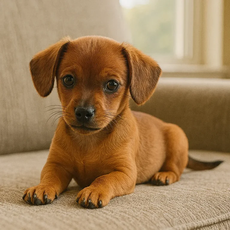 doxen chihuahua mix puppy sitting on sofa