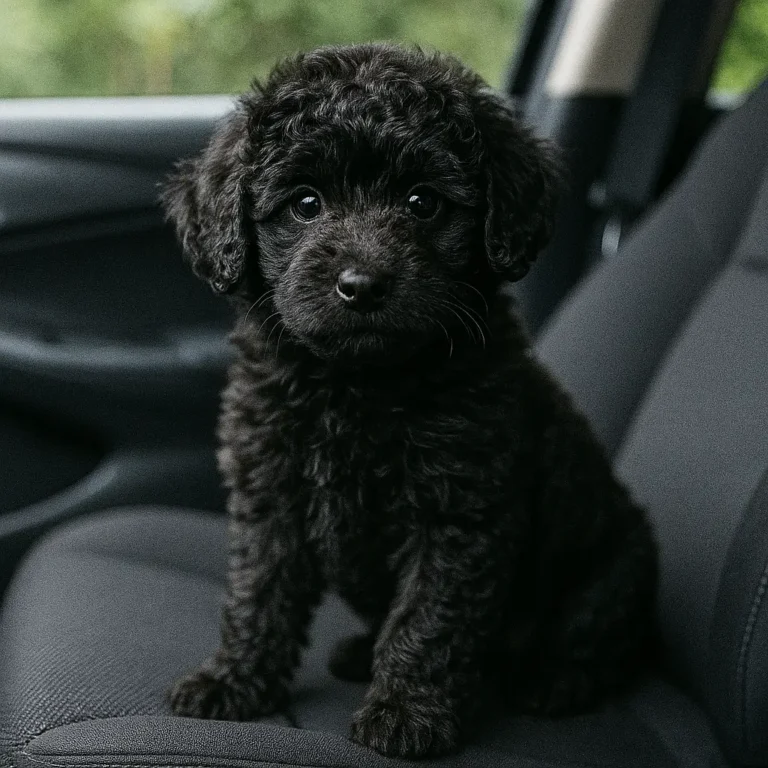 maltese poodle black puppy sitting in car