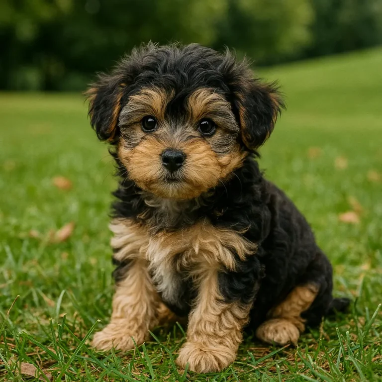 maltese yorkie poodle mix sitting on grass in lawn