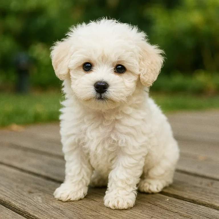 white maltese poodle sitting on wood blocks