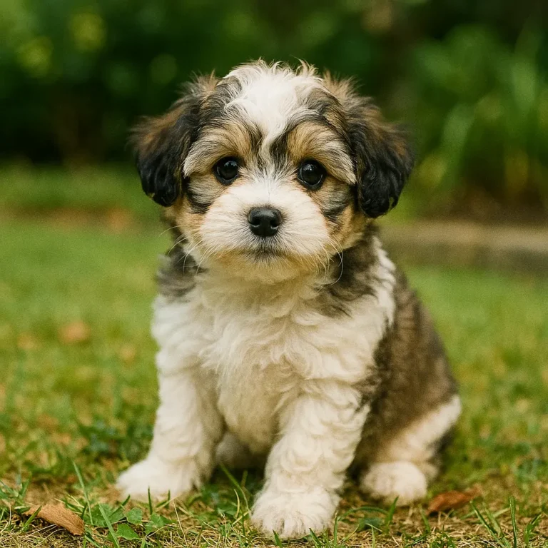 maltese shih tzu poodle sitting on lawn grass