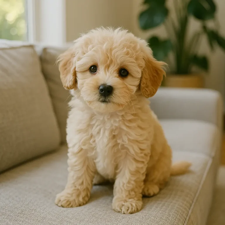 maltese poodle puppy siting on sofa