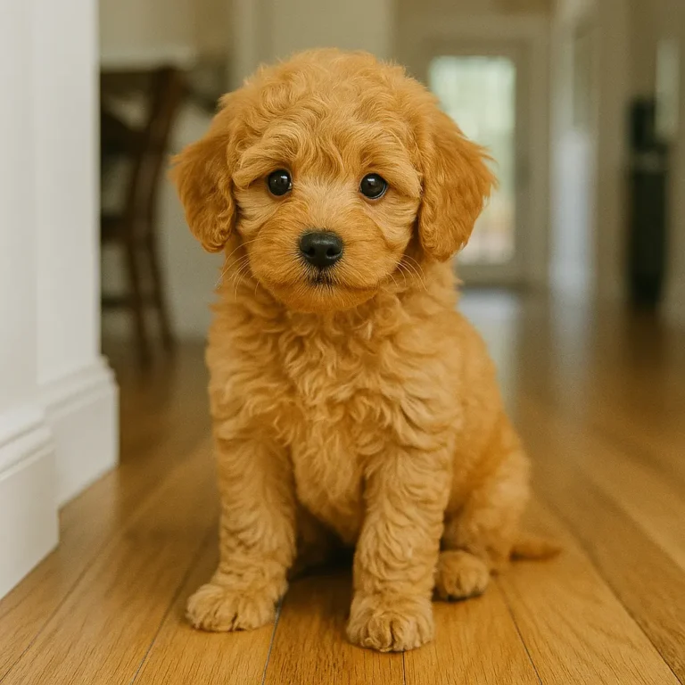 mini golden poodle puppy sitting on wodden floor