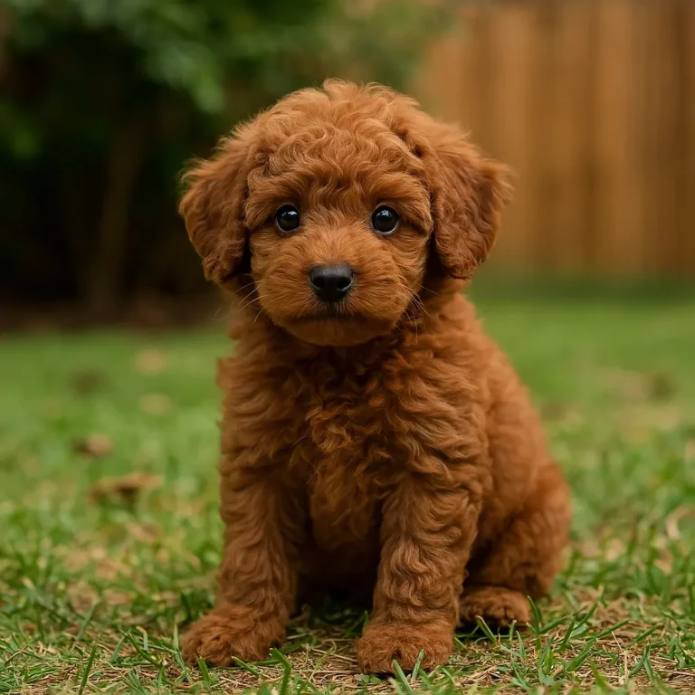 brown mini poodle sitting on lawn grass