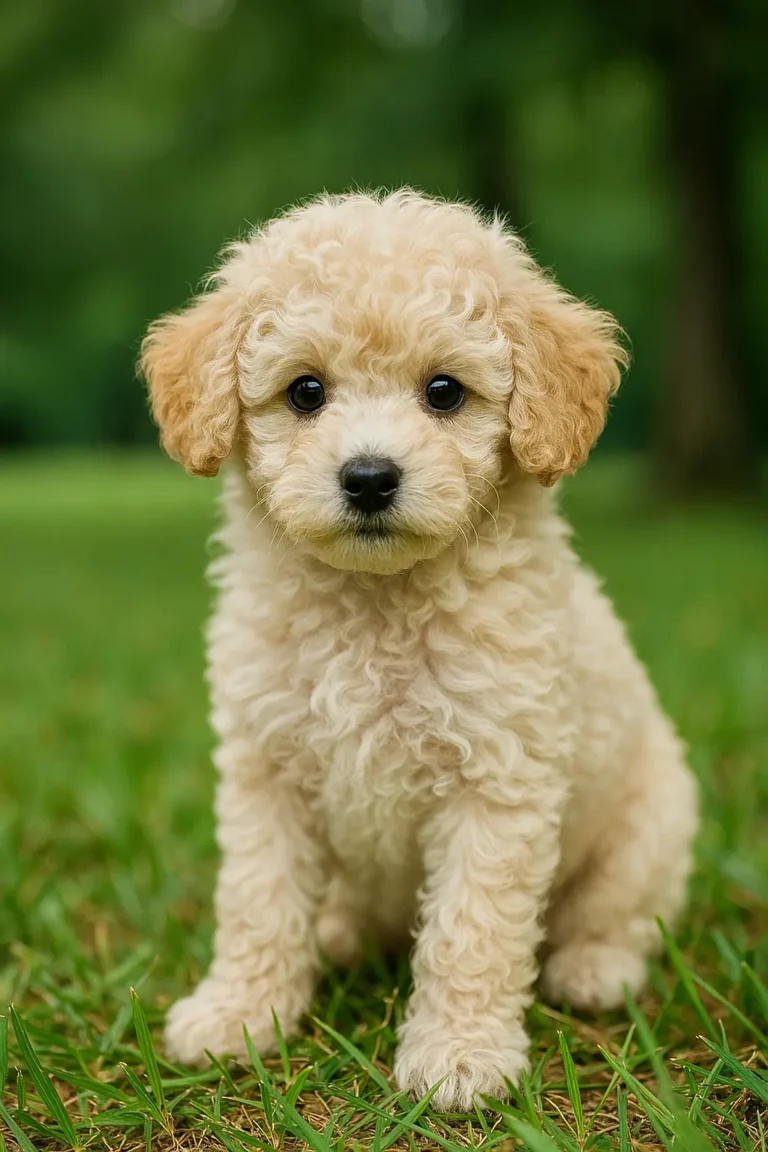 mini poodle puppy sitting on grass