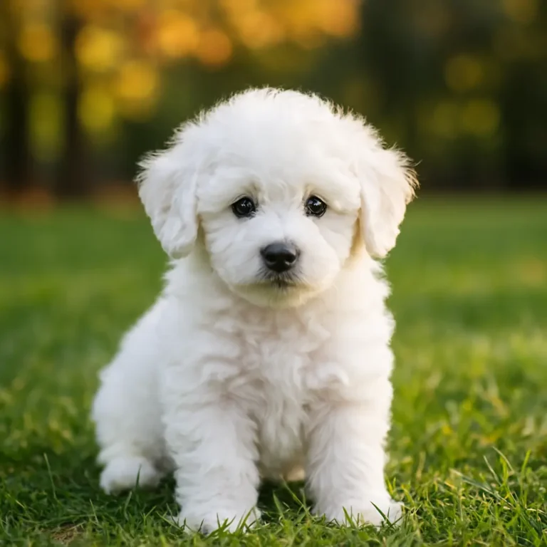 white miniature poodle puppy sitting on lawn grass