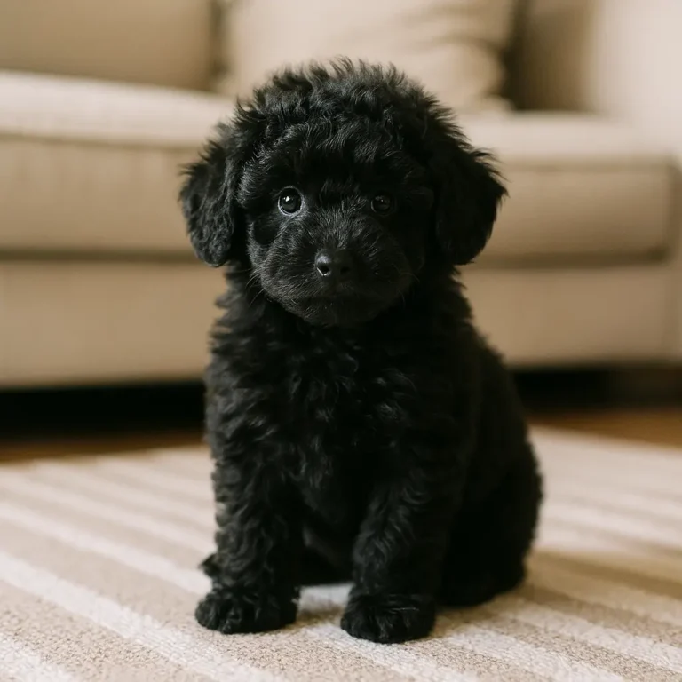 black Miniature Poodle puppy sitting on floor
