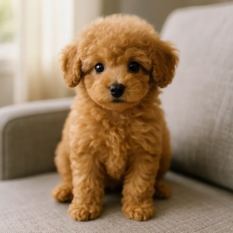 miniature toy poodle puppy sitting on sofa