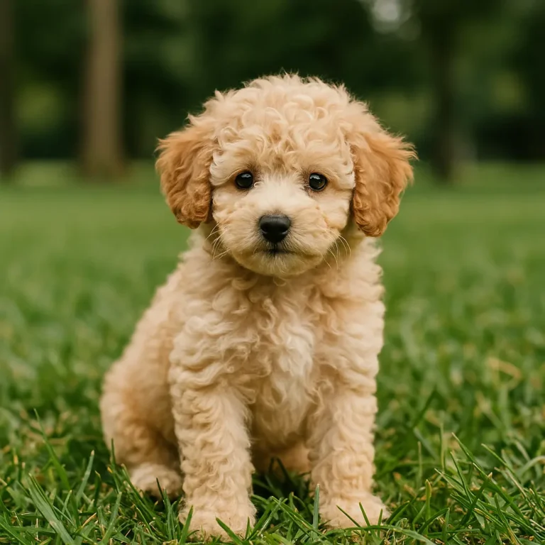 miniature poodle puppy sitting on lawn grass