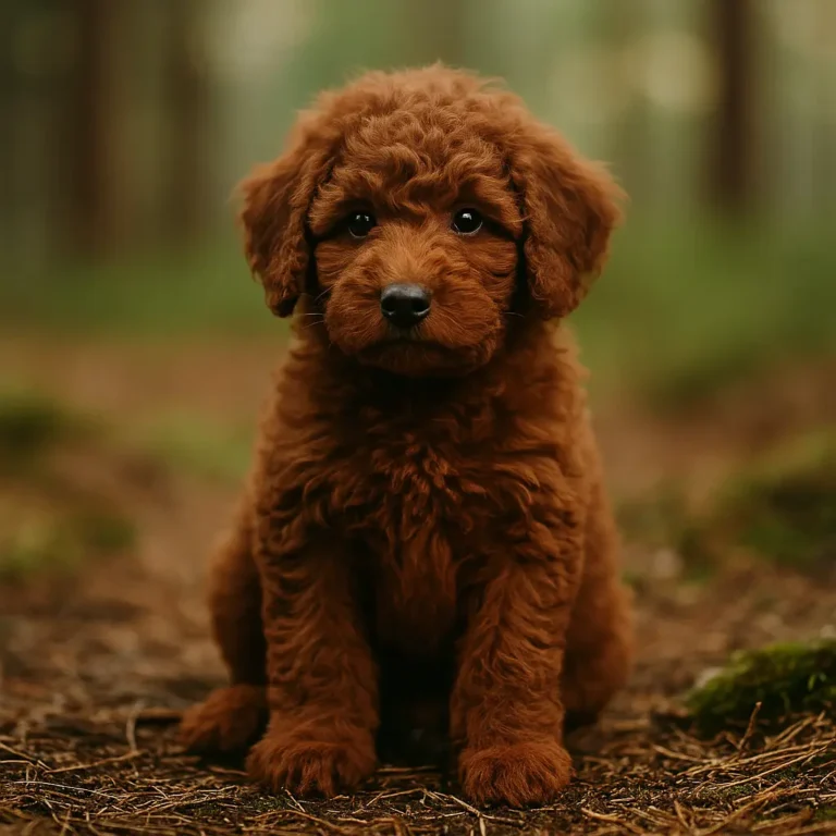 brown standard poodle puppy sitting on soil in jungle