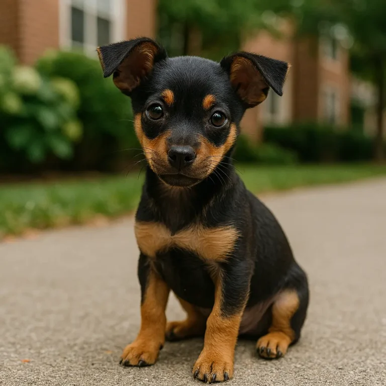 mini doberman mix chihuahua puppy sitting on road