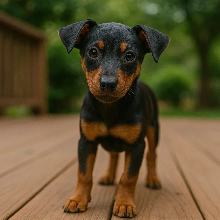 doberman pinscher chihuahua mix puppy standing on wooden floor