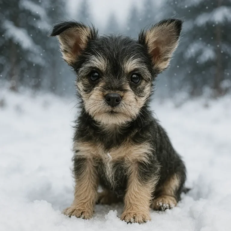miniature schnauzer chihuahua mix puppy sitting on snow