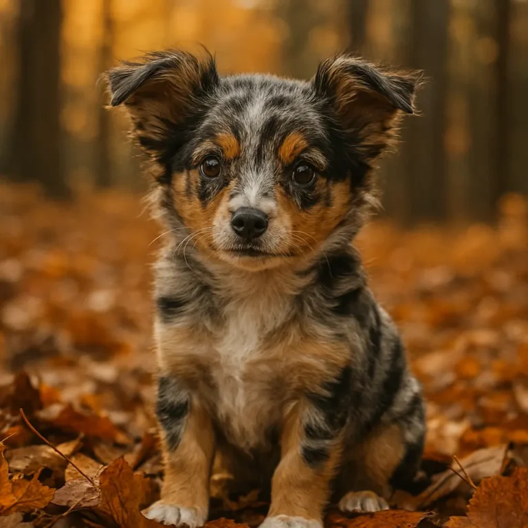 aussie chihuahua mix puppy sitting on fallen leaves from tree