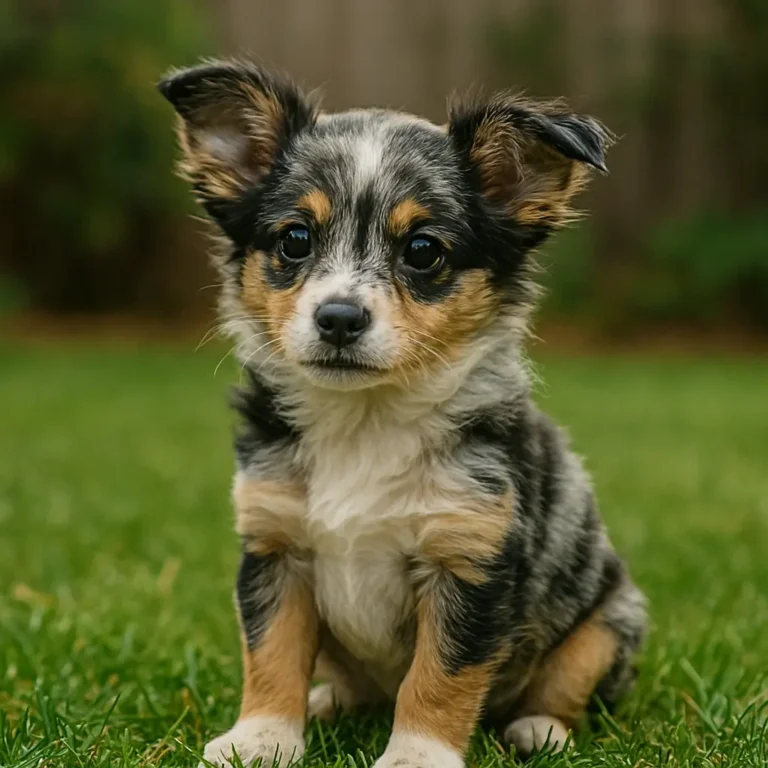 miniature australian shepherd chihuahua mix puppy sitting on grass