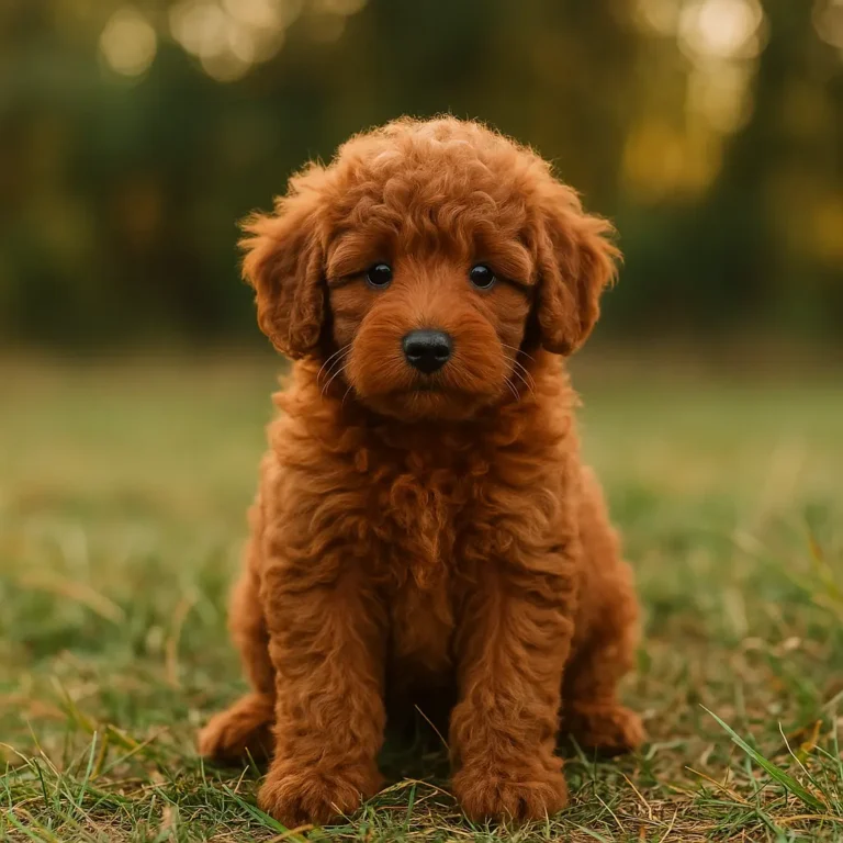 red standard poodle puppy sitting on ground