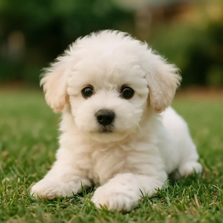 white toy poodle puppy sitting on grass in playfull mood