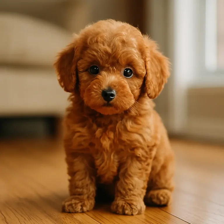 red toy poodle puppy happily sitting on floor