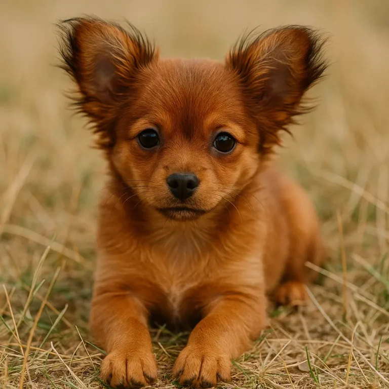 brown papillon chihuahua mix sitting on grass