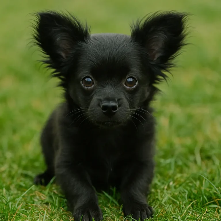 black papillon chihuahua mix puppy sitting on lawn grass