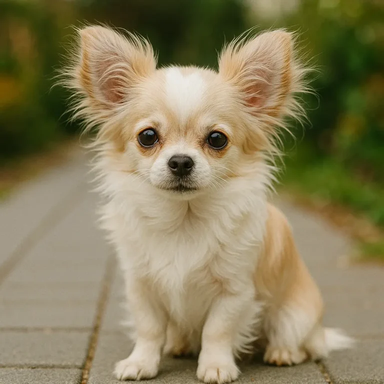 long hair chihuahua papillon mix sitting on brick floor