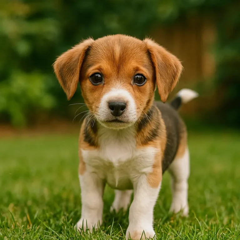 beagle chihuahua jack russell mix puppy standing on lawn grass
