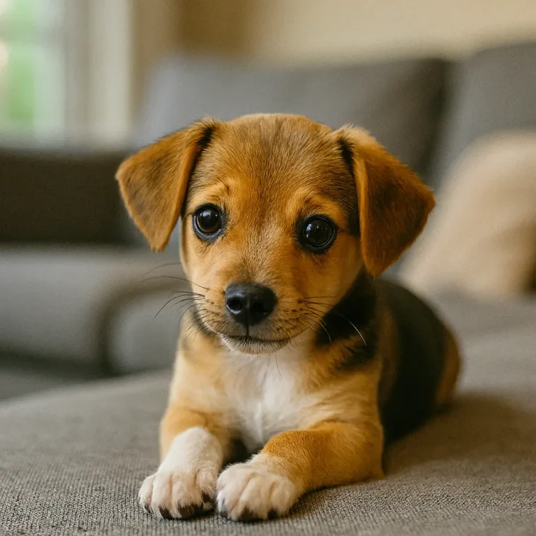 chihuahua mix beagle puppy sitting on sofa