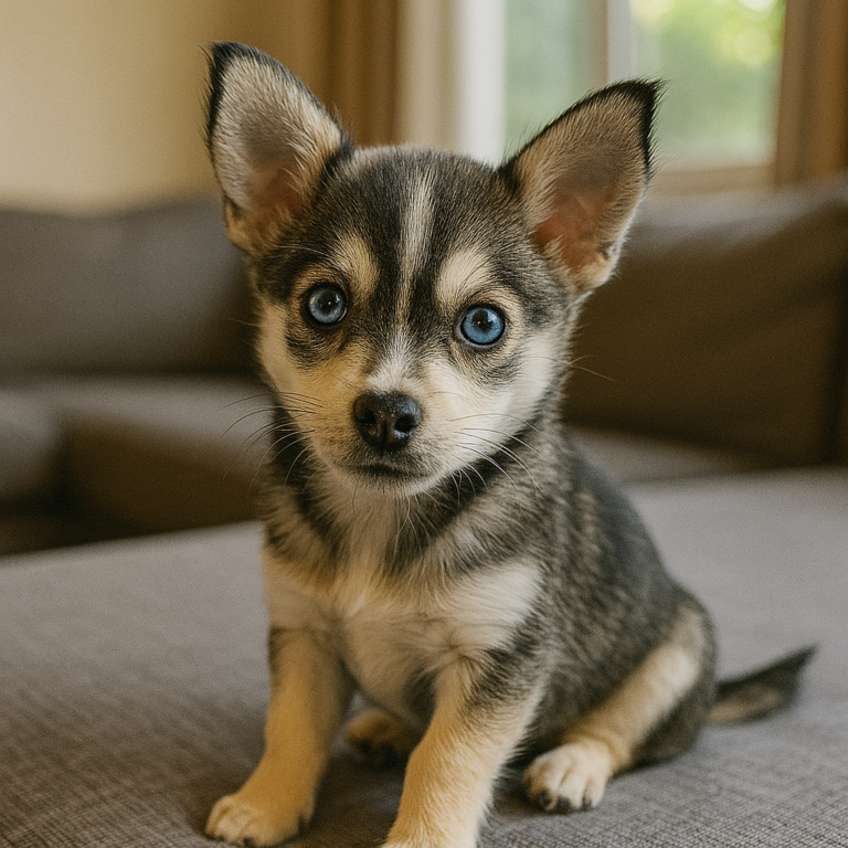 chihuahua mix husky puppy sitting on sofa