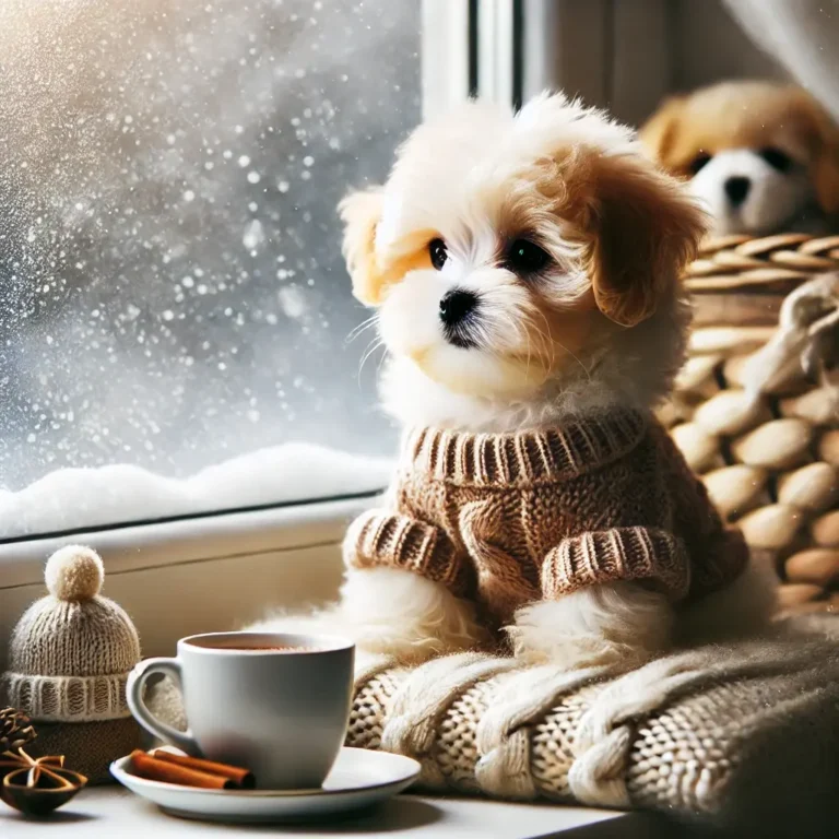 A Maltipoo Teacup puppy sitting on a cozy winter windowsill, watching the snowfall outside.