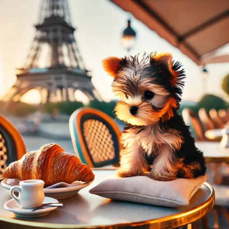 A Yorkshire Teacup puppy exploring a Parisian café, sitting on a tiny cushion at an outdoor table with a croissant beside it.