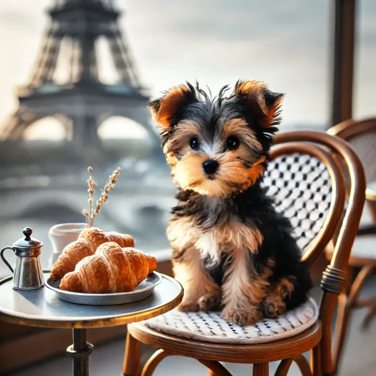 A Teacup Yorkshire Terrier mix puppy sitting in a Parisian café, perched on a tiny chair next to a delicate plate of croissants.