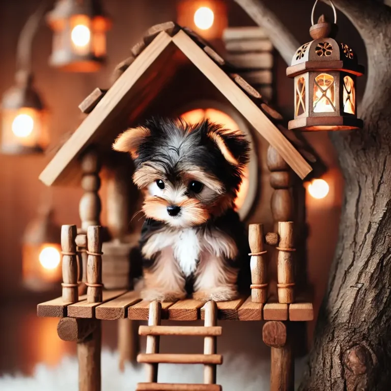 A Teacup Yorkie mix puppy sitting inside a tiny treehouse, looking down from a miniature wooden balcony.