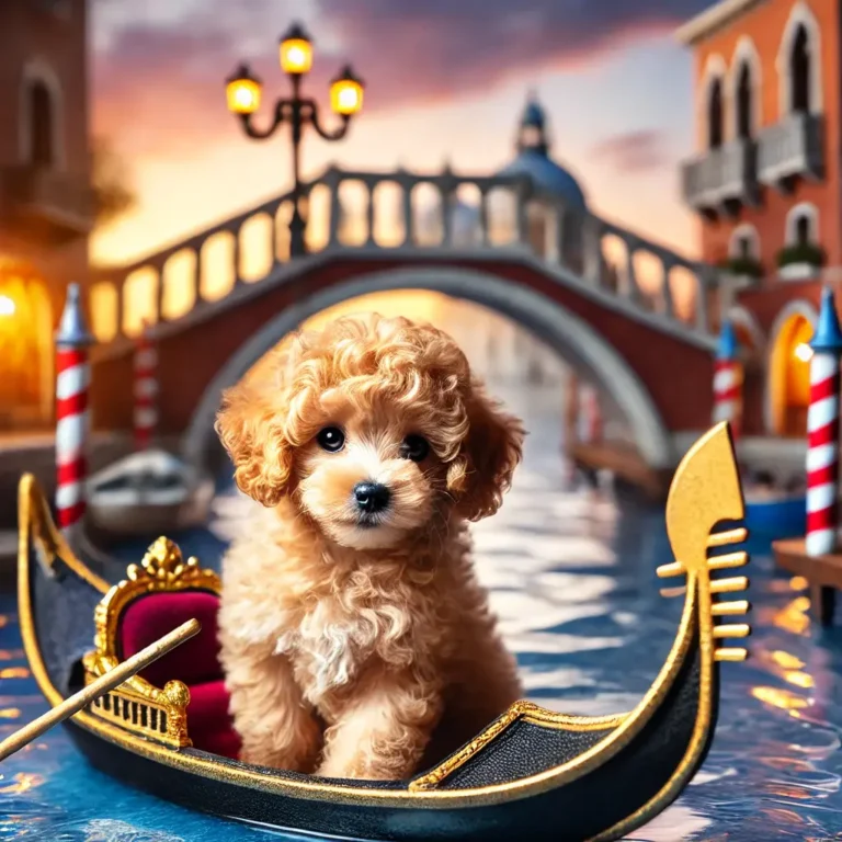 A Poodle Teacup mix puppy sitting in a tiny gondola, floating through the canals of Venice.