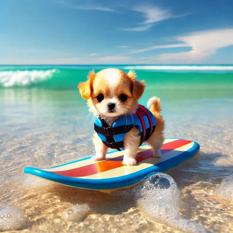A Teacup puppy riding a tiny surfboard on gentle ocean waves, wearing a miniature life vest.