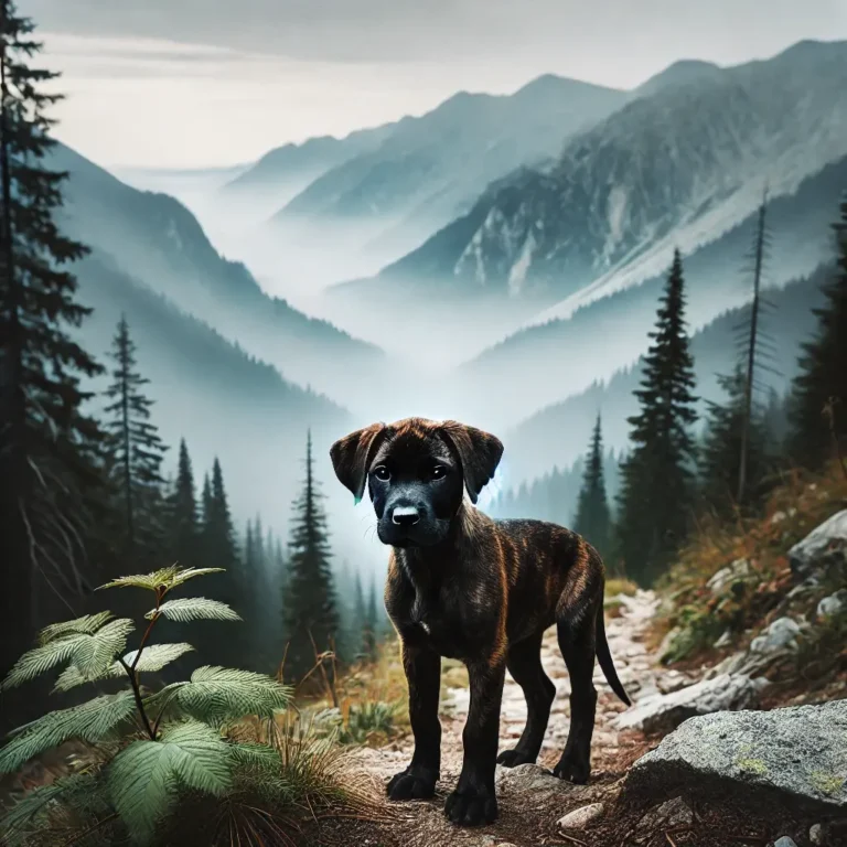 A Brindle Black Mouth Cur mix puppy standing on a foggy mountain trail, looking down at the misty valley below.