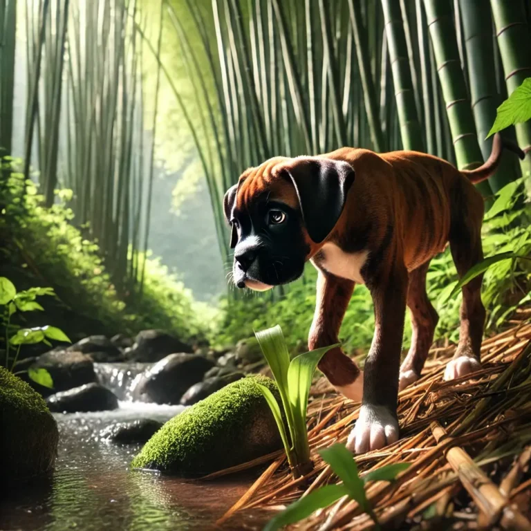 A Boxer Black Mouth Cur mix puppy exploring a lush bamboo forest, sniffing the ground as a small waterfall trickles nearby.
