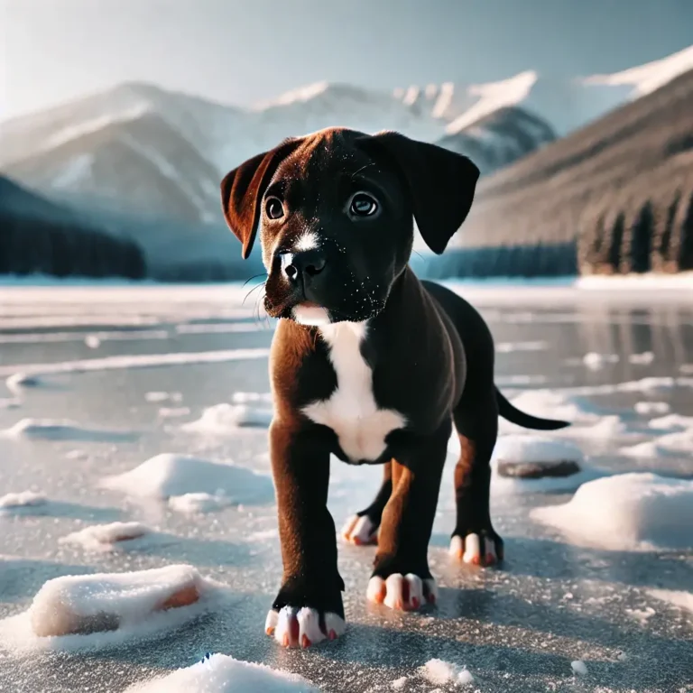 A Black Mouth Cur and Pitbull mix puppy standing on a frozen lake