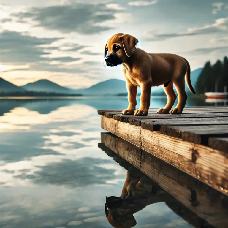 A Yellow Black Mouth Cur puppy standing on a wooden dock, looking at the reflection of the sky in the calm lake water.