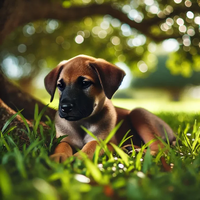 A Southern Black Mouth Cur puppy resting under a large oak tree, its head nestled in the soft grass.