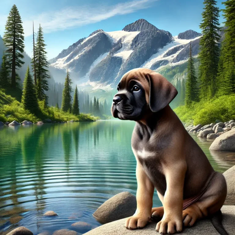 A realistic American Black Mouth Cur puppy sitting beside a tranquil mountain lake