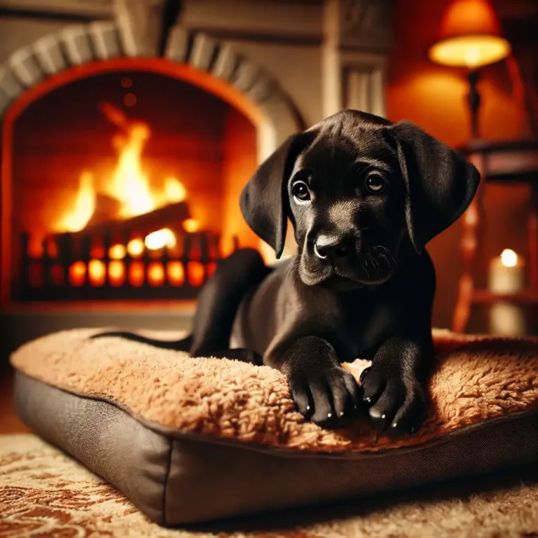 A realistic Black Mouth Cur puppy resting in a cozy indoor setting, curled up on a plush dog bed beside a fireplace.