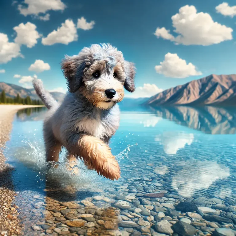 A realistic Blue Merle Goldendoodle puppy running along the shore of a crystal-clear lake