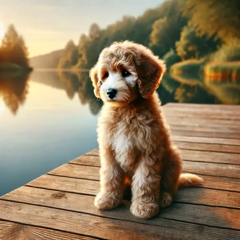 A realistic Goldendoodle Merle puppy sitting on a wooden dock by a tranquil lake