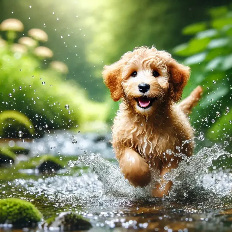A realistic English Goldendoodle puppy splashing in a shallow river during a warm summer day.